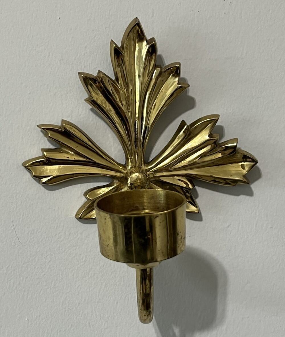 Vintage Solid Brass Palm Leaf Wall Sconce Candle Holder India